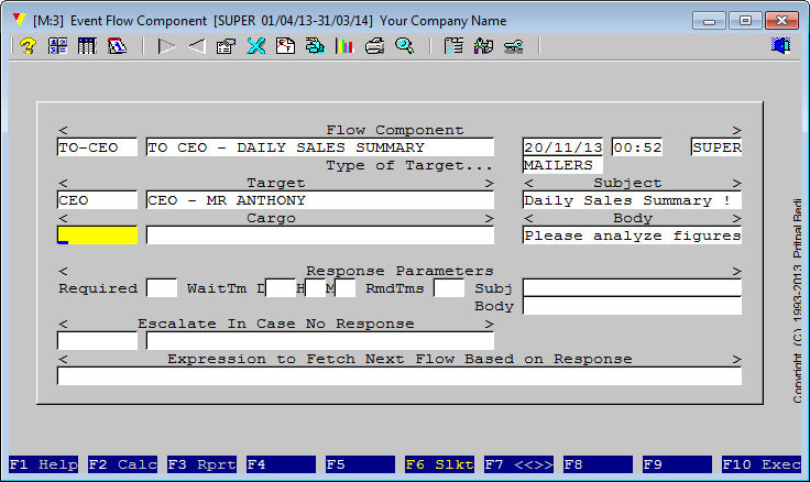 After providing <Target>, which is mandator, cursor stays at <Cargo> field. Attaching a <Cargo> with the flow is optional. If left blank, <Target> will be hit by an email without any data (Cargo) attached.