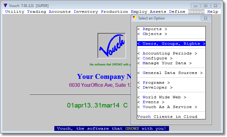 Select <Main Menu><Manage><User Group Rights> 