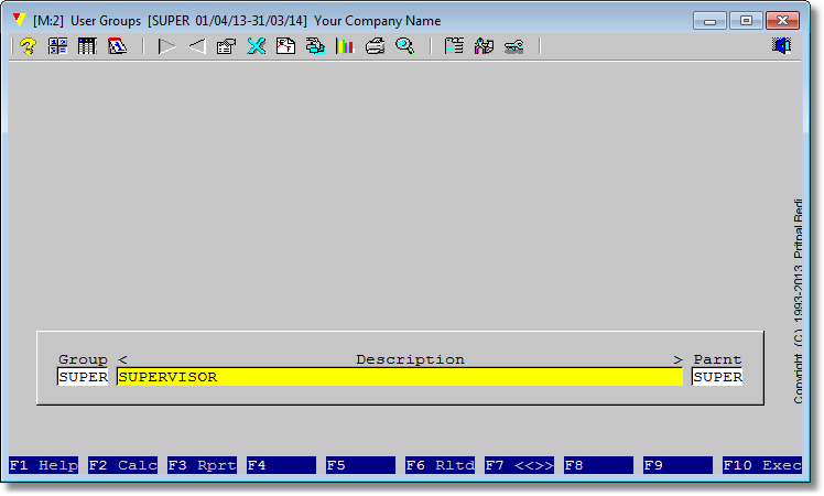 You will enter the editing mode. Cursor will stay at <Description> field. Keep it as is or modify to your tastes. It is only a descriptive field which will show up at some operations involving group/user right. Press <Enter> to reach the <Parent> field.